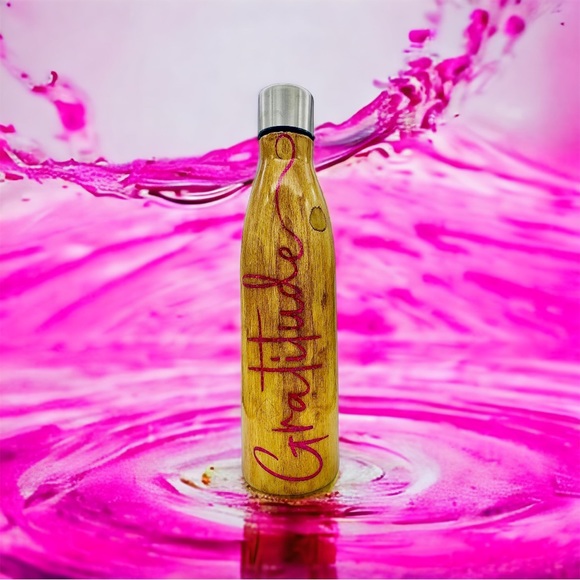 Gratitude, 17oz epoxy water bottle, pink glitter inlays, hand painted wood grain - Picture 9 of 11